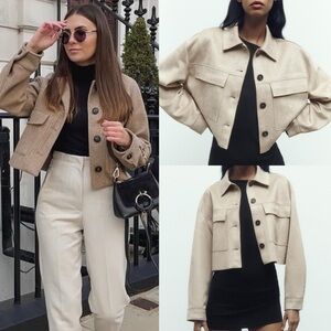 Zara NWT light tan beige faux suede button front collared shirt jacket shacket